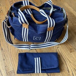 Pottery Barn Classic Diaper Bag with Leather Handles and Trim Monogram C Navy